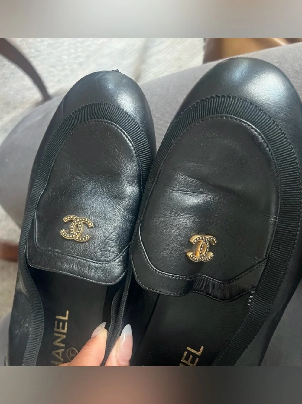 CHANEL Black Leather Loafers 👞 with Gold CC Medallion AUTHENTIC